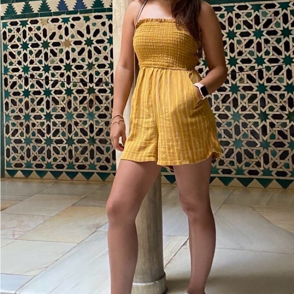 American Eagle Outfitters Smocked Strapless Striped Mustard Yellow Romper Size S